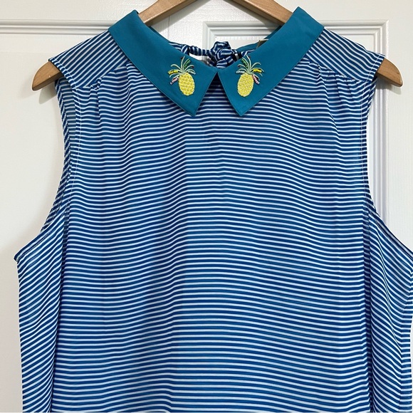 ModCloth Sheer Sleeveless Blue/White Stripe Blouse Pineapple Embroidery Size 1X - Picture 5 of 11